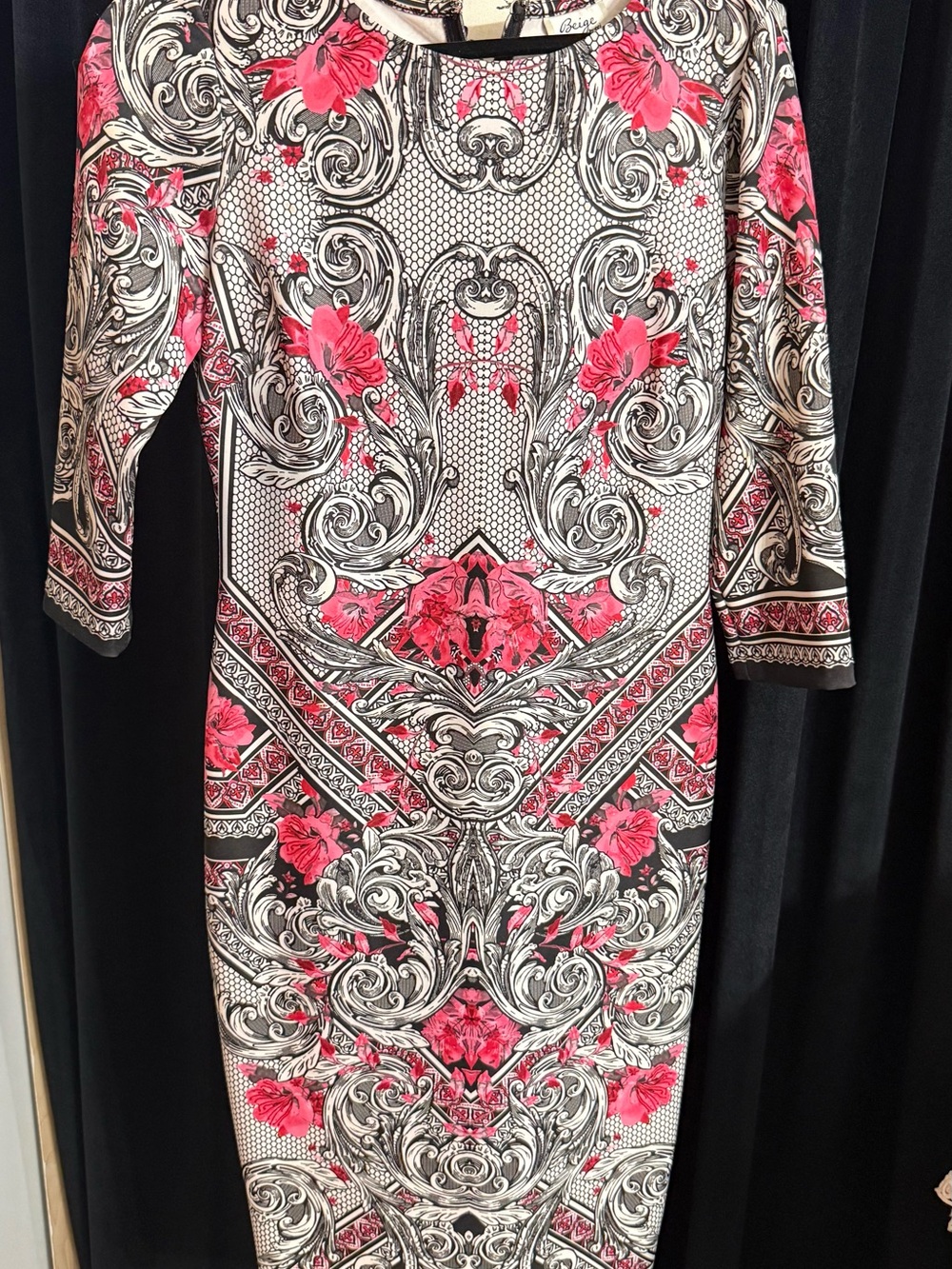 Floral Baroque Print Sheath Dress in Pink and Black